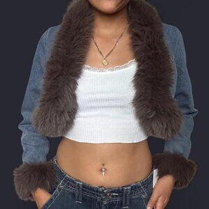TRUE RELIGION NEW cropped Denim Jacket with Fur Trim XL - brand new